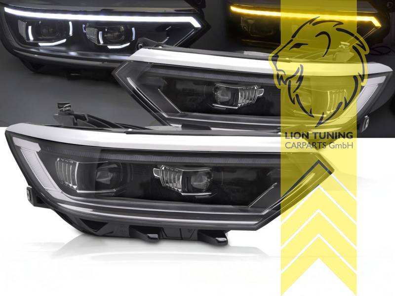 LED, mit LED Blinker, schwarz, nur passend für Fahrzeuge mit original Halogen Scheinwerfern, LED Abblendlicht / LED Fernlicht, elektrisch verstellbar - Stellmotor integriert, Eintragungsfrei / mit E-Prüfzeichen, Eintragungsfrei / mit R87 Zulassung als Tagfahrlicht